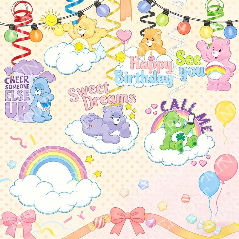 Pack de 6 adornos colgantes Care Bears Swirls sobre fondo blanco