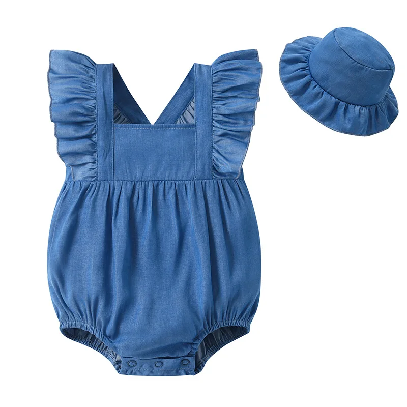 Conjunto verano bebé recién nacido vaquero sin mangas con gorro - imagen 2