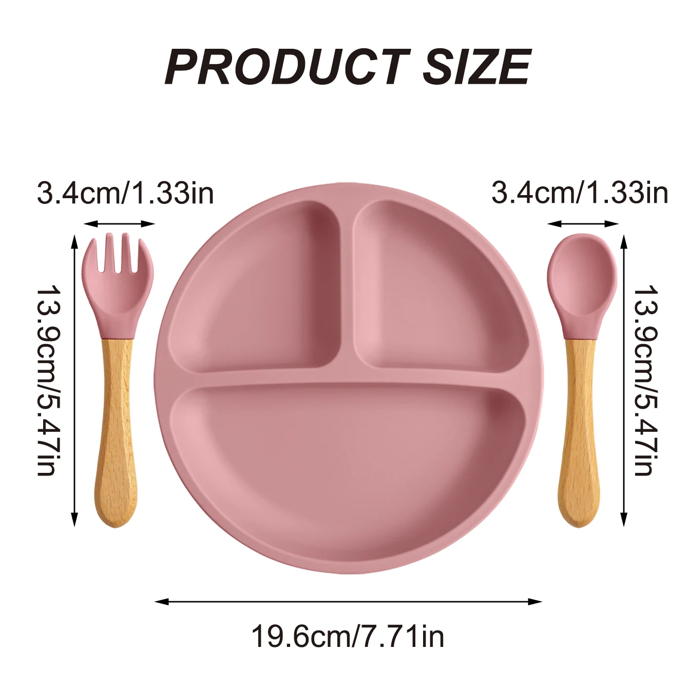 Juego de vajilla infantil de silicona con plato, cuchara y tenedor de madera