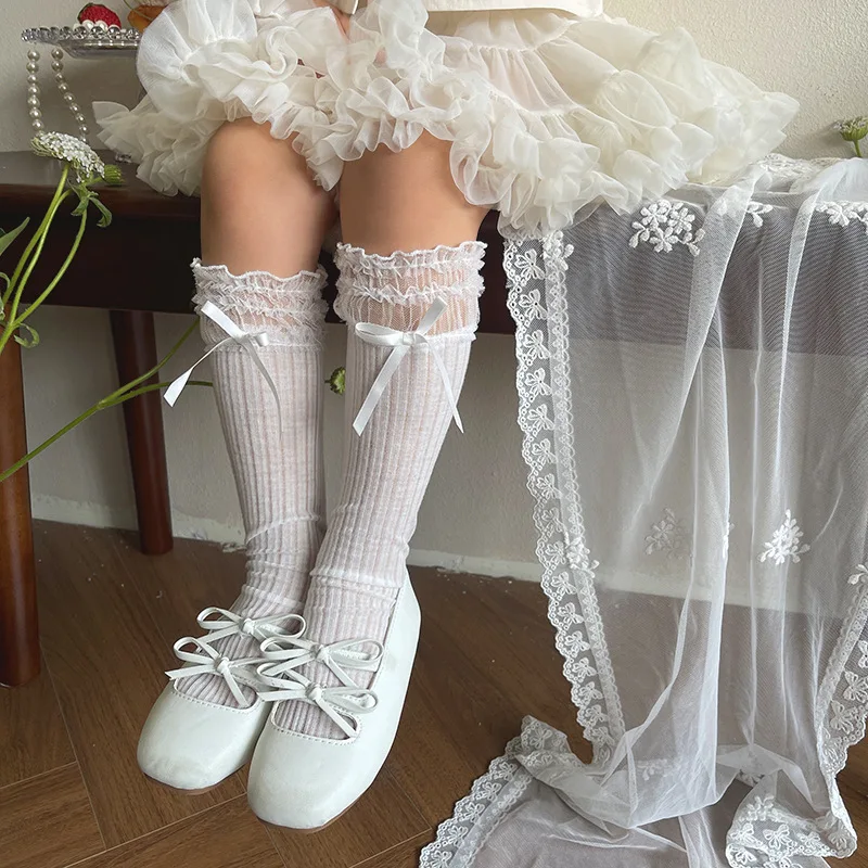Calcetines altos de encaje con lazo y volantes para niñas respirables - imagen 2