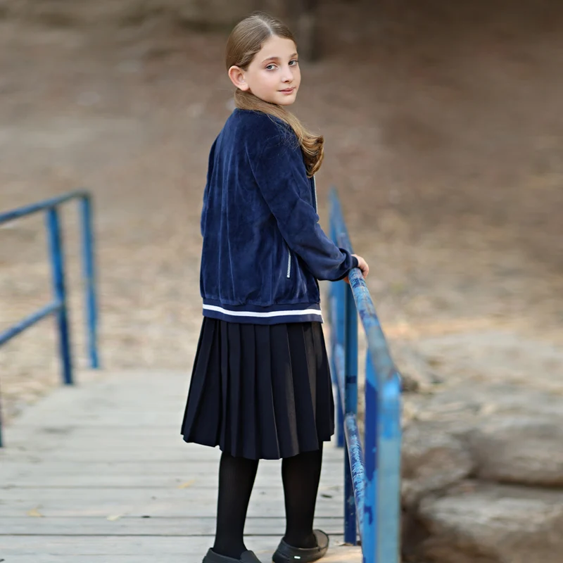 Sudadera de terciopelo azul con cremallera y bolsillos escolares - imagen 2