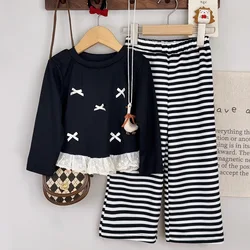 Conjunto de otoño para niña con lazo y encaje de manga larga