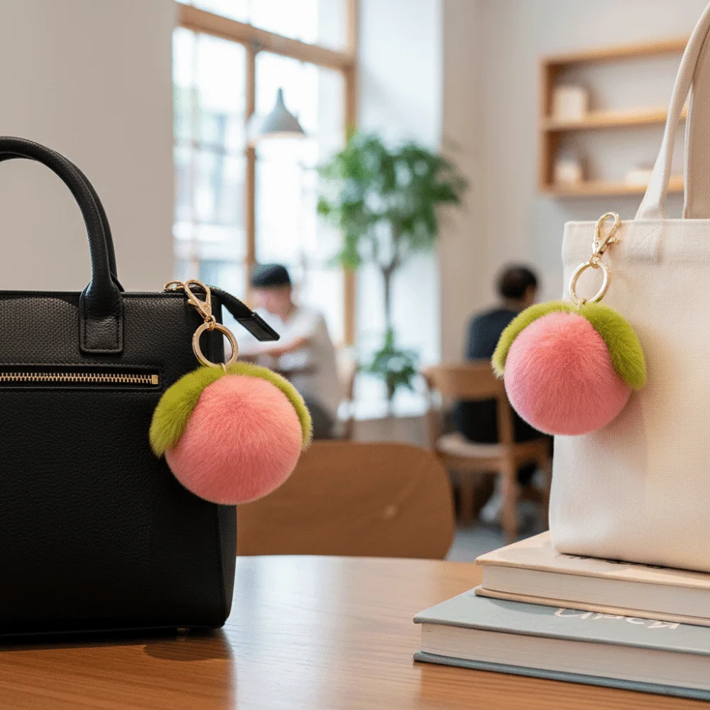 Fruitthema llavero de peluche melocotón rosa suave, estilo tierno - imagen 3