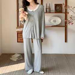 Pijama de maternidad con encaje y cuello redondo para invierno