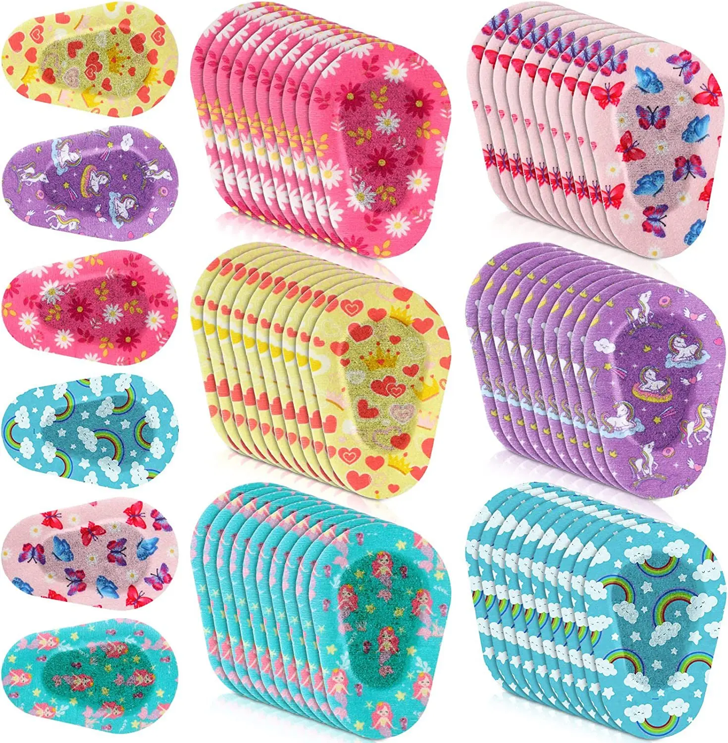 Parches oculares infantiles coloridos con diseños de dibujos animados