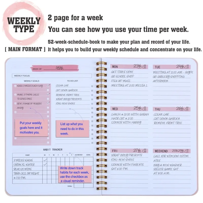 Vista frontal de la agenda mostrando el diseño semanal