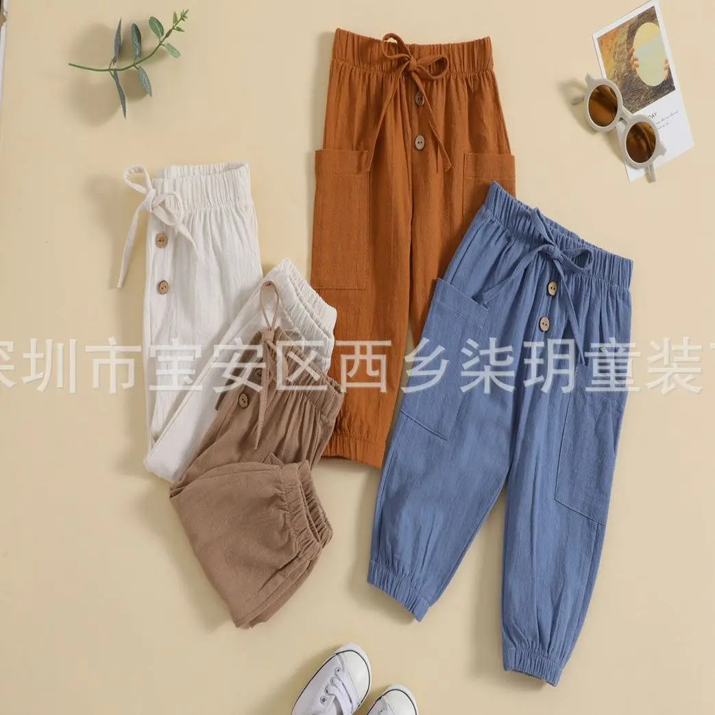 Pantalones de verano para niños antimosquitos algodón y lino con cordón - imagen 3