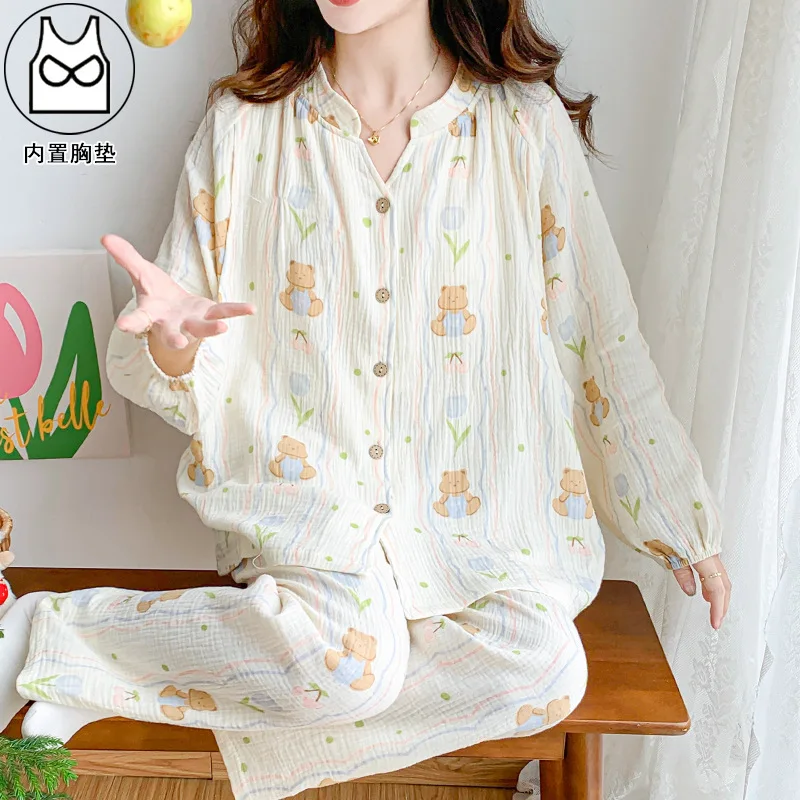 Pijama de lactancia de algodón puro con gasa floral doble capa - imagen 3