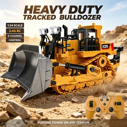 Camión bulldozer teledirigido sobre orugas de ingeniería para niños