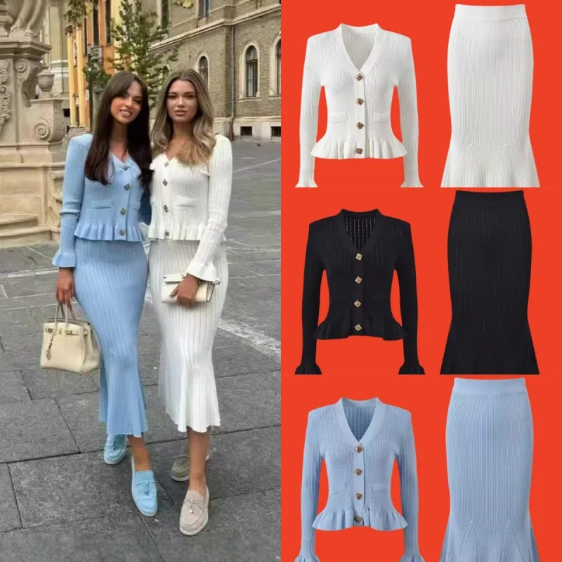 Conjunto de otoño francés: top de punto ajustado y falda sirena - imagen 4