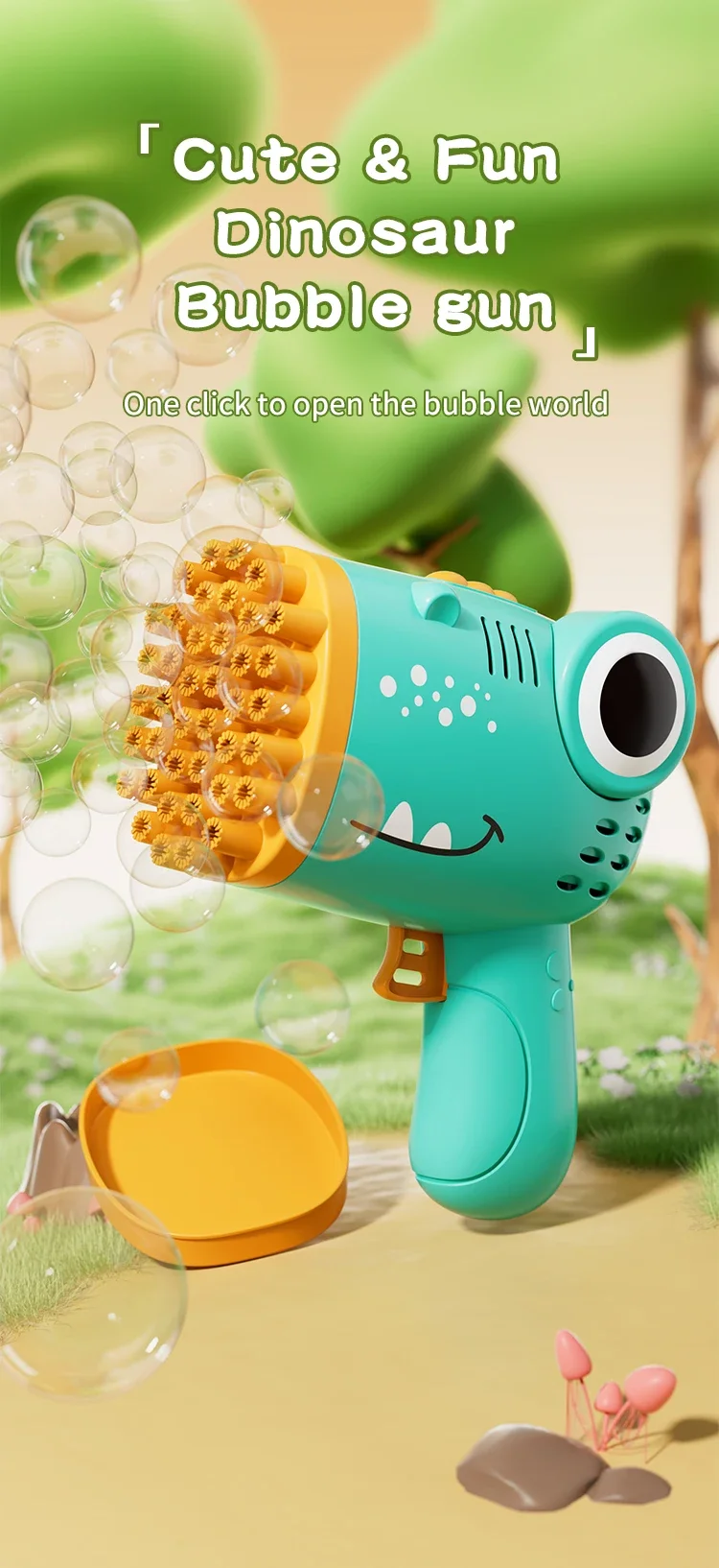 Máquina de burbujas con dinosaurio y boquilla