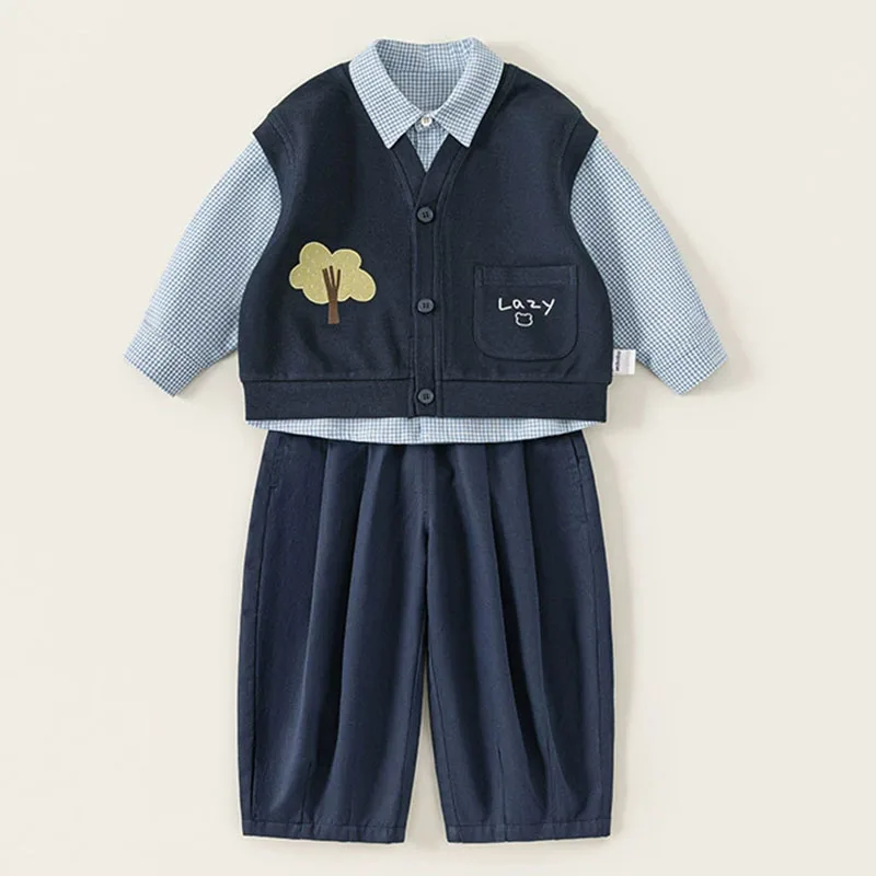 Conjunto de otoño para bebé a cuadros: camiseta, chaleco y pantalón