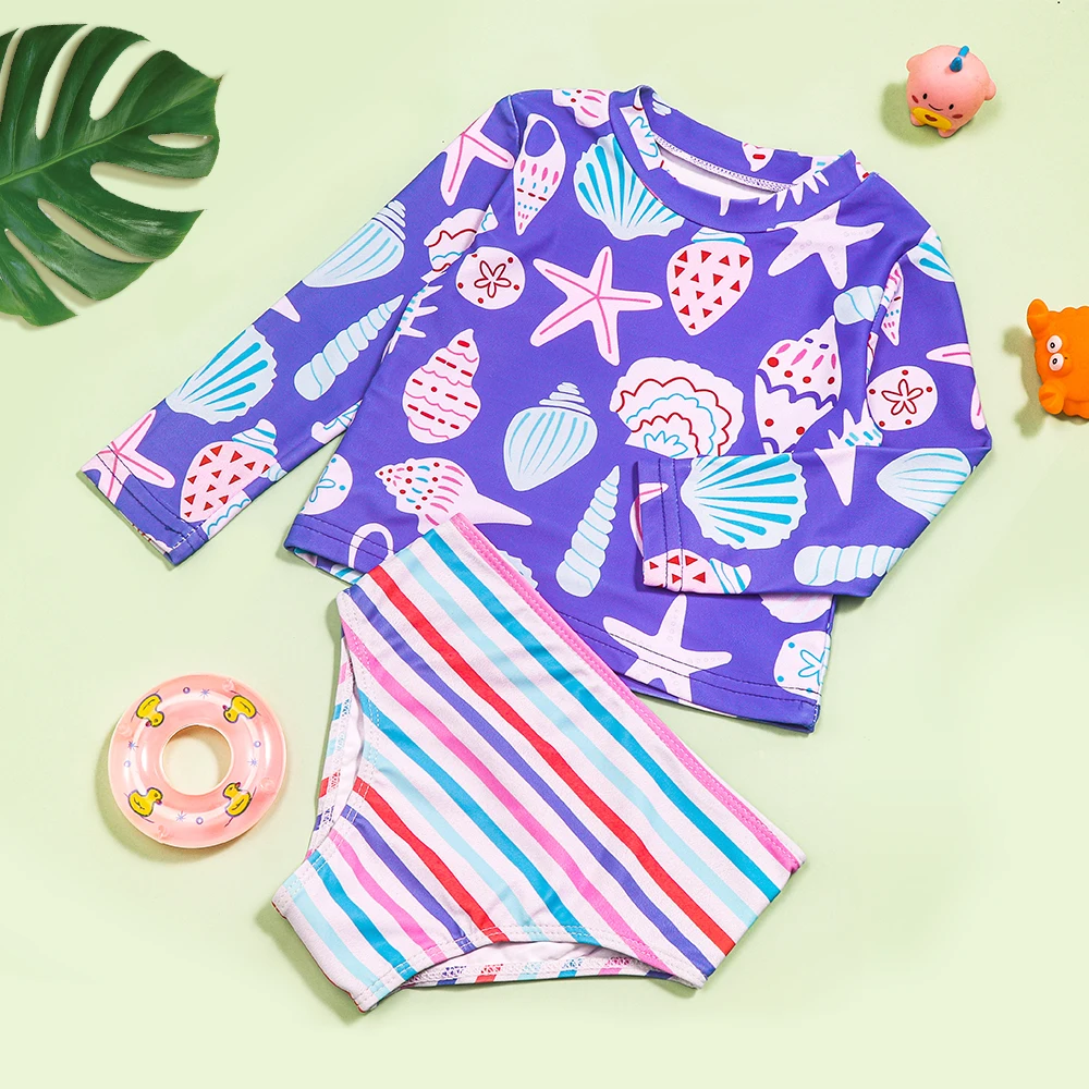 Traje de baño rayas para niña manga larga con detalle concha - imagen 4