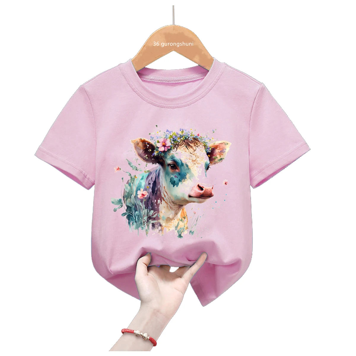 Camiseta de niñas rosa con estampado de ciervos y flores de verano - imagen 2