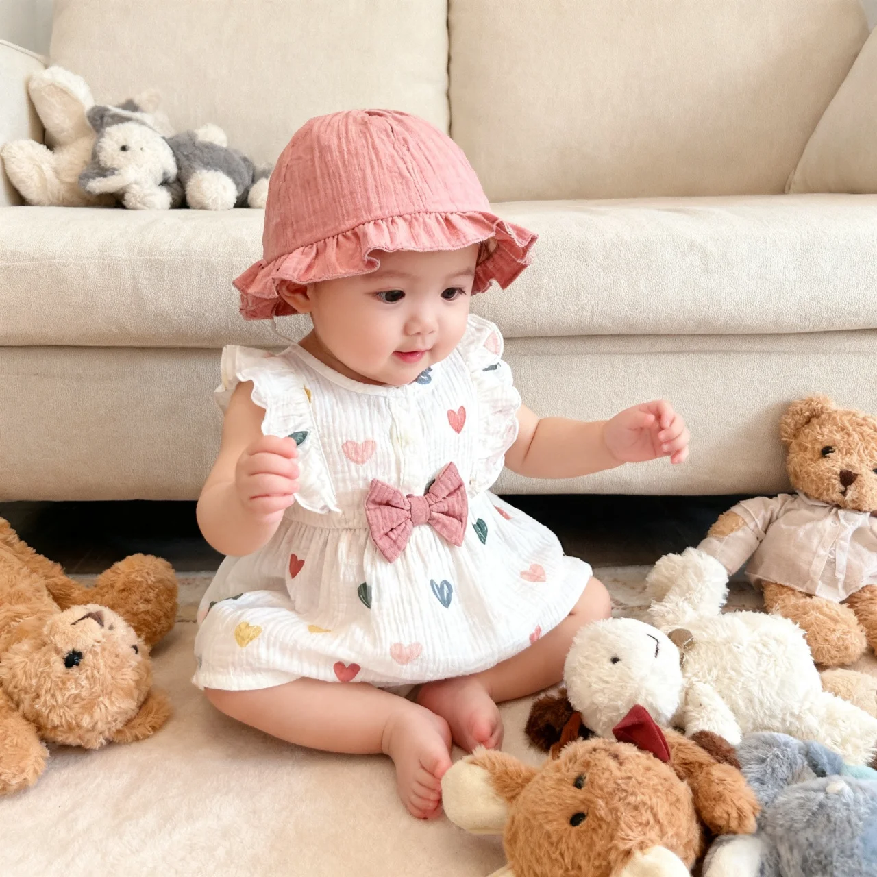 Vestido y sombrero en conjunto romántico para bebé niña