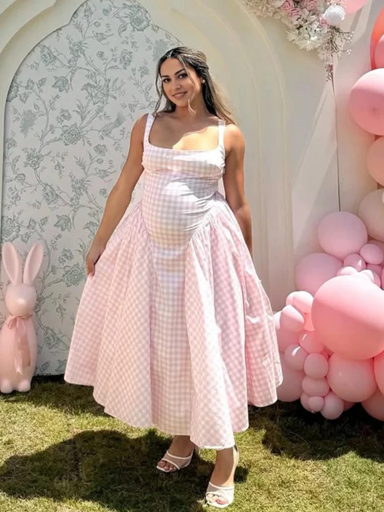 Vestido de maternidad de cuadros vichy sin mangas para sesión de fotos - imagen 4