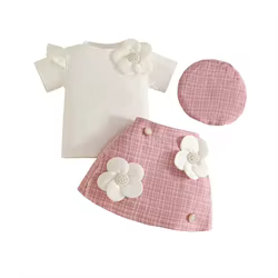 Conjunto verano niña: top acanalado manga corta, falda y sombrero