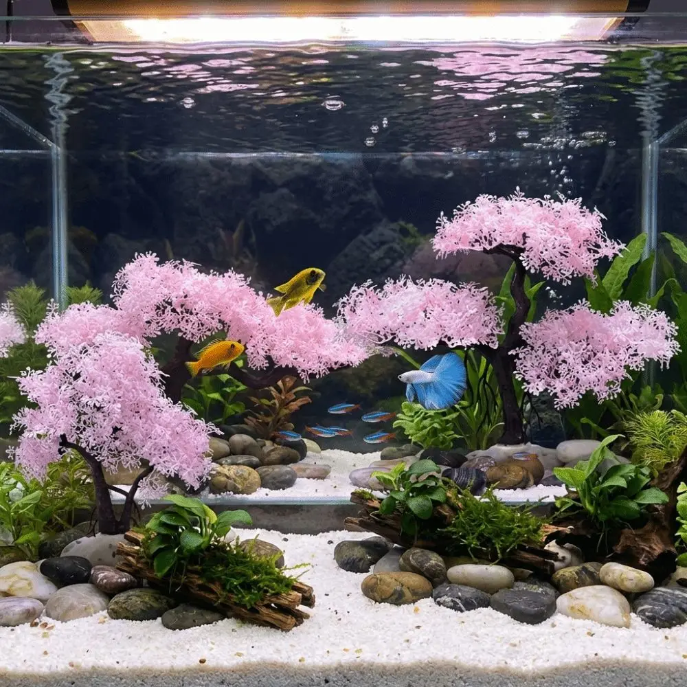 Árbol de cerezo artificial realista para acuario con flores