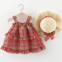 Conjunto de verano niña recién nacida a cuadros con sombrero