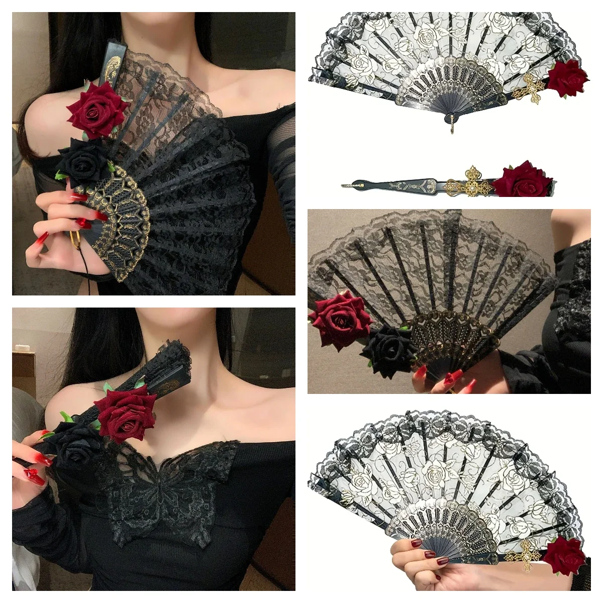 Abanico plegable vintage negro con encaje floral rosa para fiestas - imagen 5