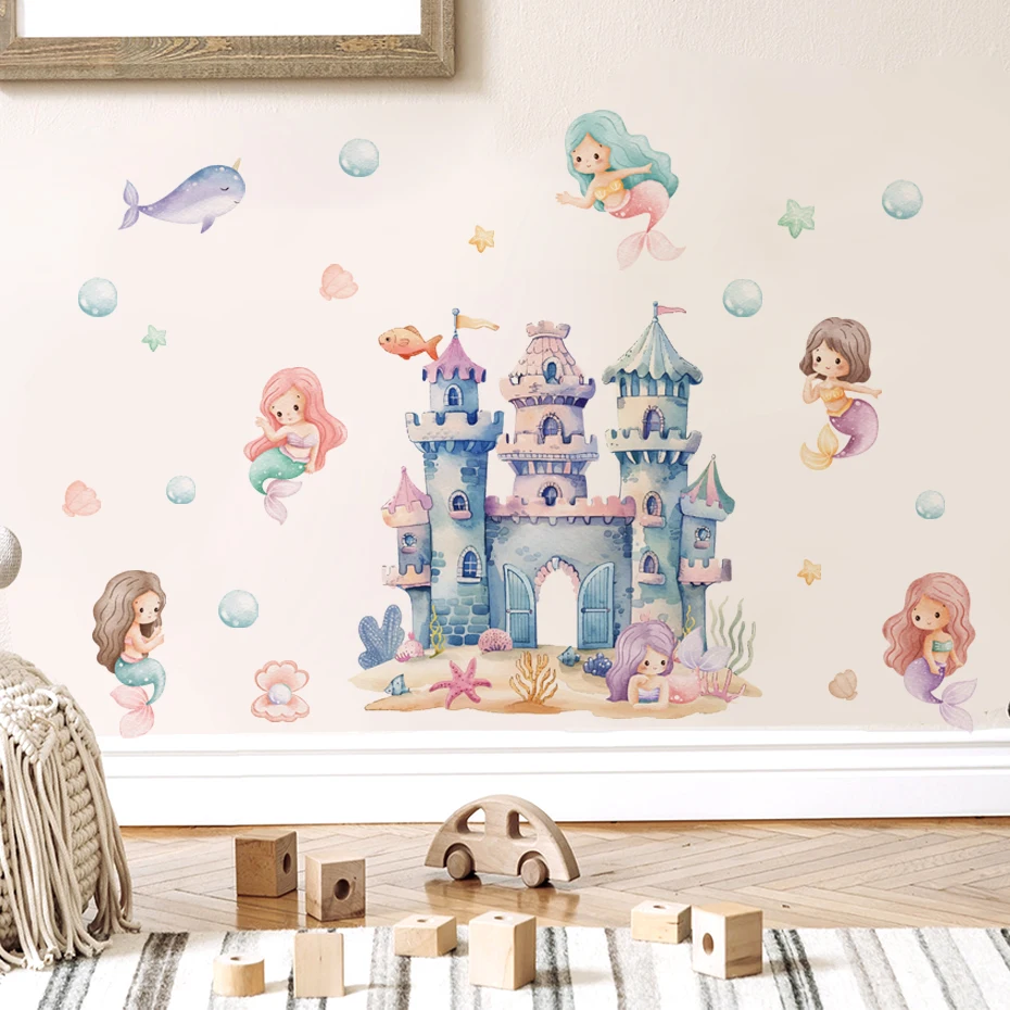 Vinilo pared infantil de sirena y animales marinos estilo acuarela - imagen 5