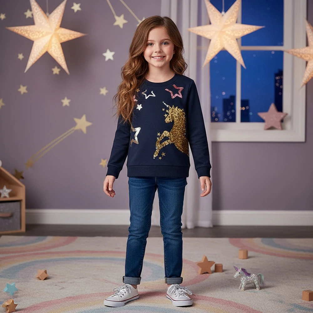Detalle del estampado de unicornio y acabado brillante