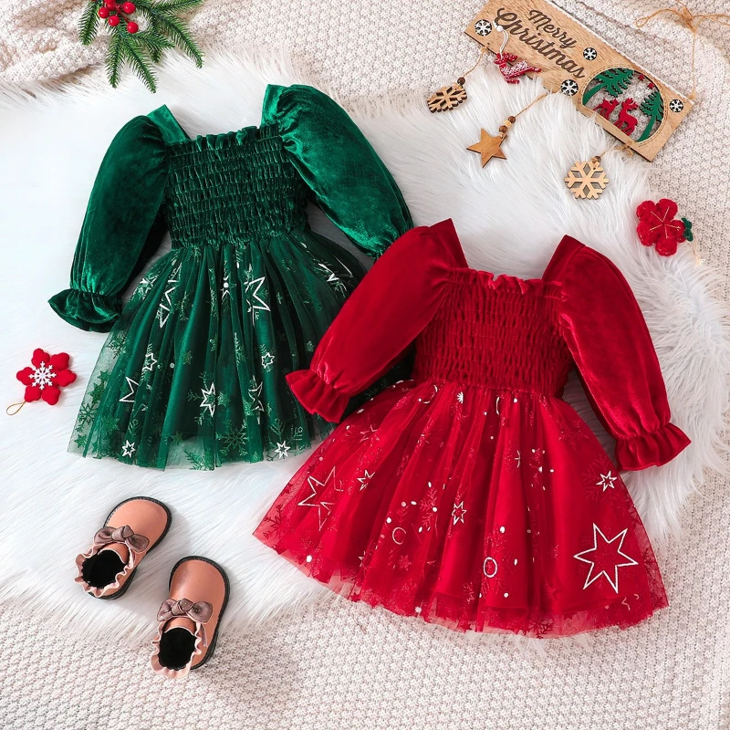 Vestido de princesa de Navidad con terciopelo y tul