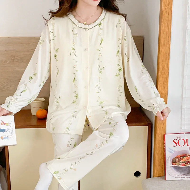 Pijama de lactancia de algodón con encaje para embarazo y posparto - imagen 4