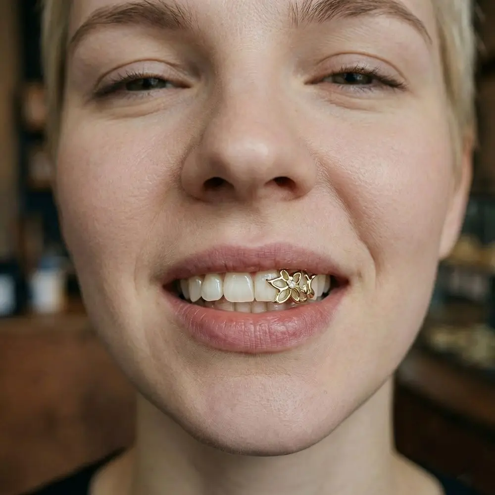 Rejillas dentales brillantes para cosplay con flor en varios tonos - imagen 5