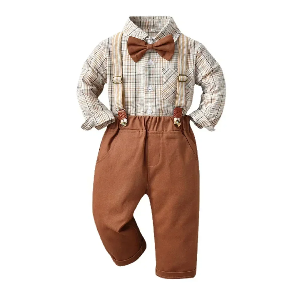 Conjunto de camisa a cuadros de algodón con tirantes para niño - imagen 4