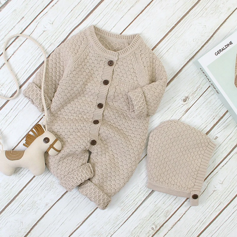 Mameluco bebé unisex de punto algodón con gorro para otoño e invierno - imagen 3