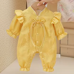 Mameluco de manga larga bebé niña estilo chino flores amarillas