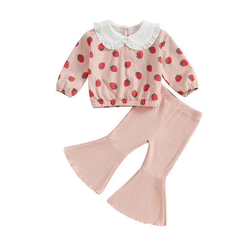 Pantalón acampanado y sudadera con estampado de fresas – Otoño niña