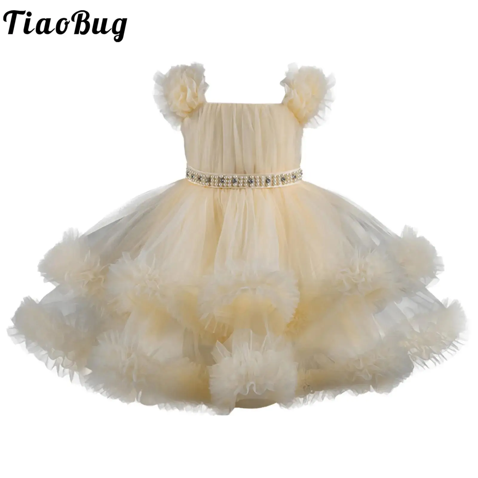 Vestido princesa acampanado con cinturón de tul y volantes - imagen 3