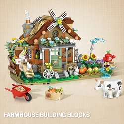 Bloques de construcción de granja con molino de viento y casa