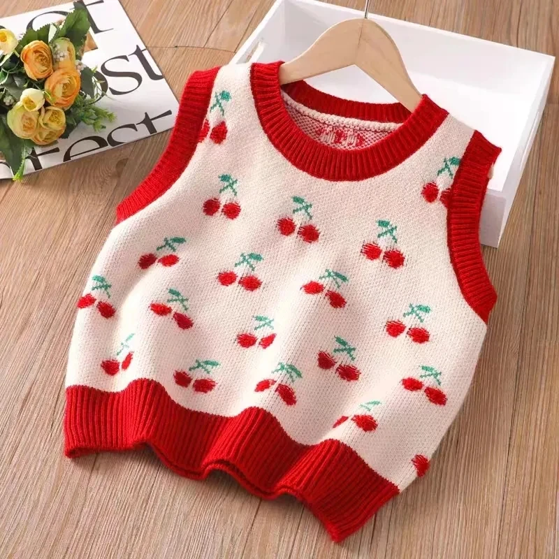 Chaleco de punto cereza para niña cuello V Primavera y otoño - imagen 5