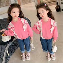 Sudadera de primavera para niña con cuello redondo y encaje fino