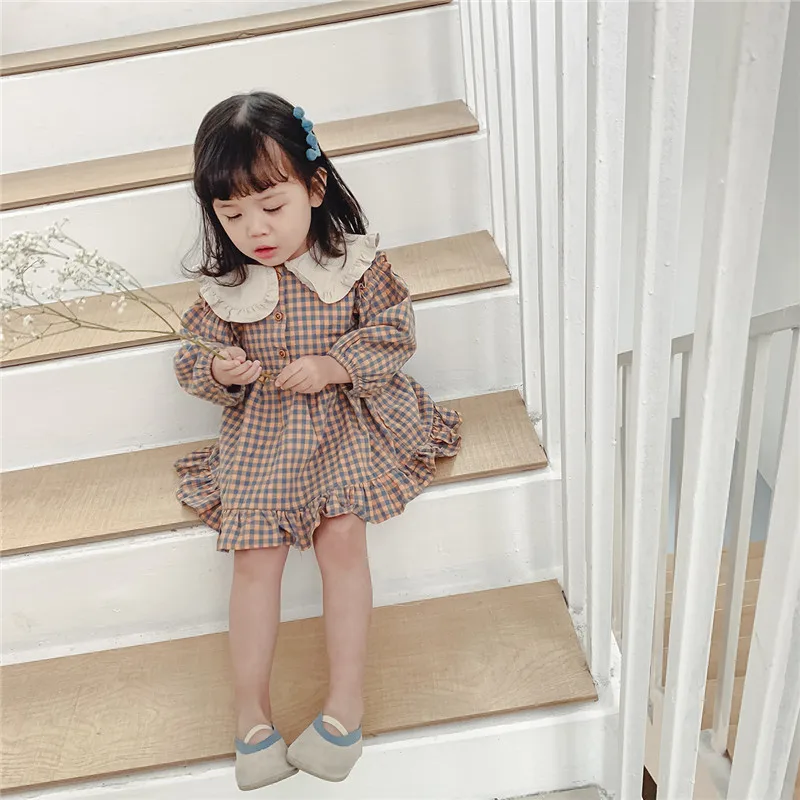 Vestido de lino a cuadros manga larga para niña primavera otoño - imagen 3