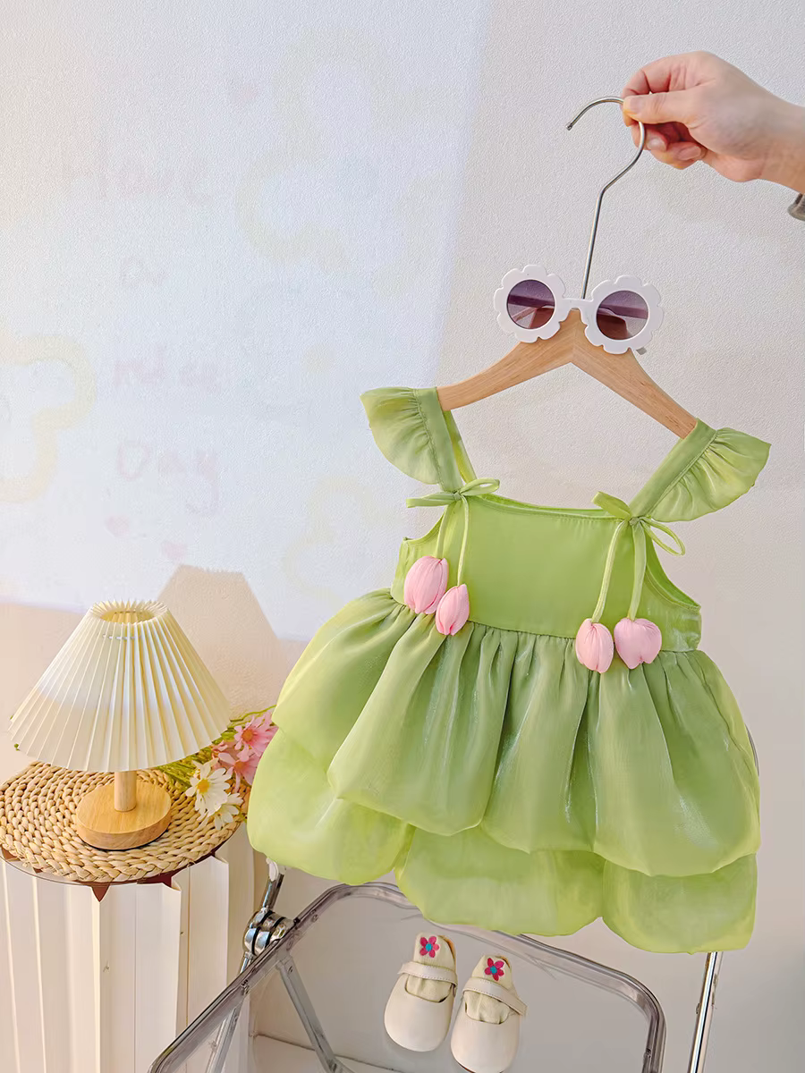 Vestido de niña con cuello Halter y patrón de tulipán en color sólido