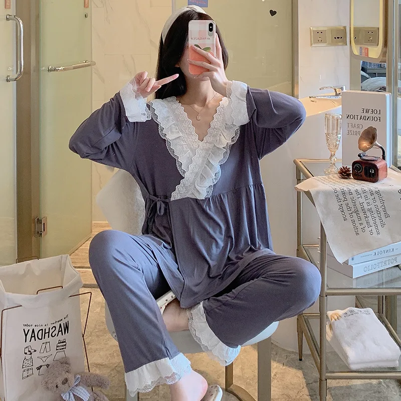 Pijamas de lactancia de modal manga larga con encaje para entretiempo - imagen 3