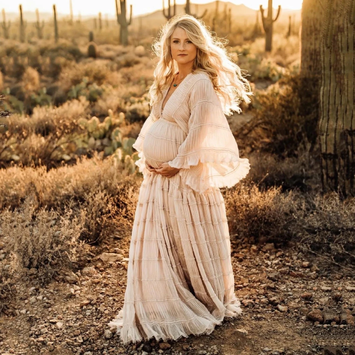 Vestido plisado de gasa bohemio para fotos maternidad y baby shower