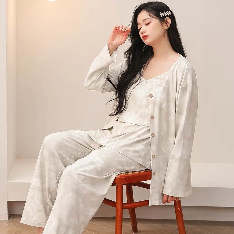 Pijama de lactancia de algodón de manga larga para posparto - imagen 2
