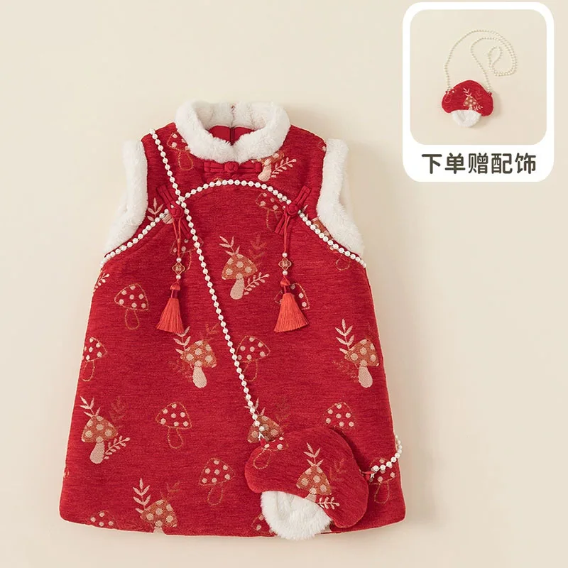 Vestido de invierno rojo de princesa con bordado y forro polar - imagen 5
