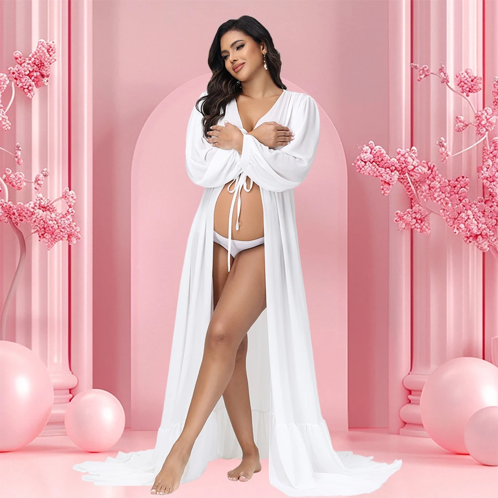 Vestido maternity de gasa con cuello V y mangas acampanadas - imagen 3