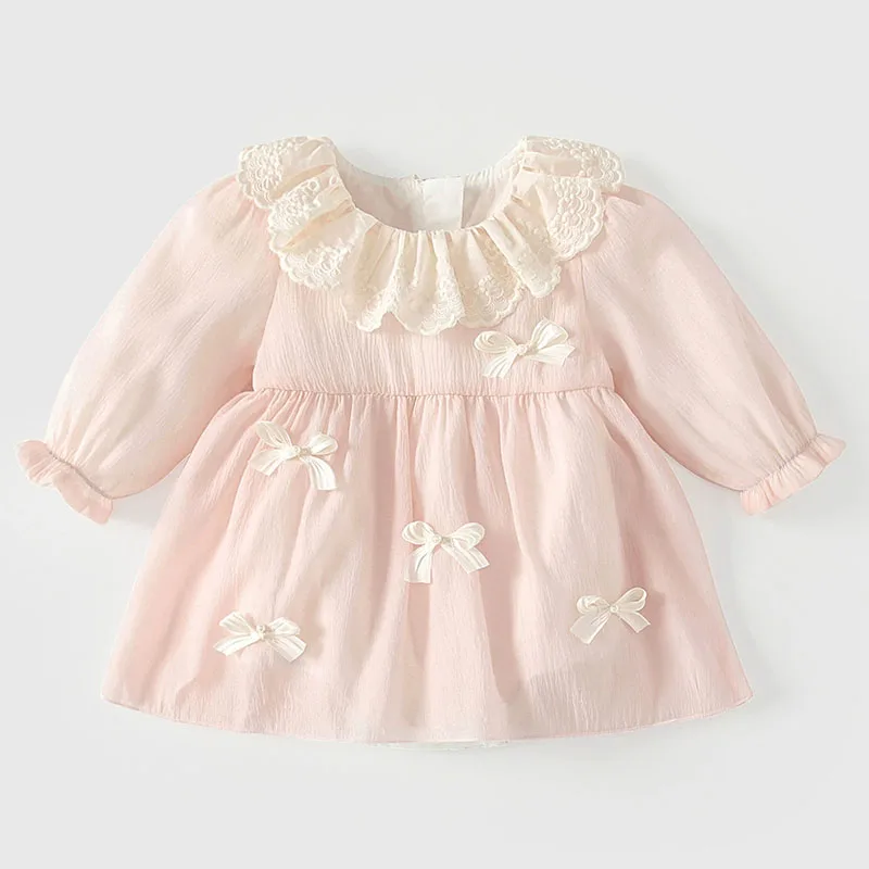 Mono bebé rosa de manga larga con lazo y cuello Peter Pan primavera