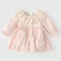 Mono bebé rosa de manga larga con lazo y cuello Peter Pan primavera