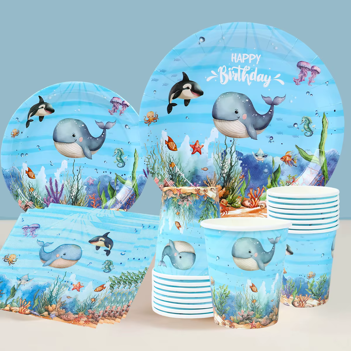 Vajilla desechable tiburón para cumpleaños infantiles – Tema marino