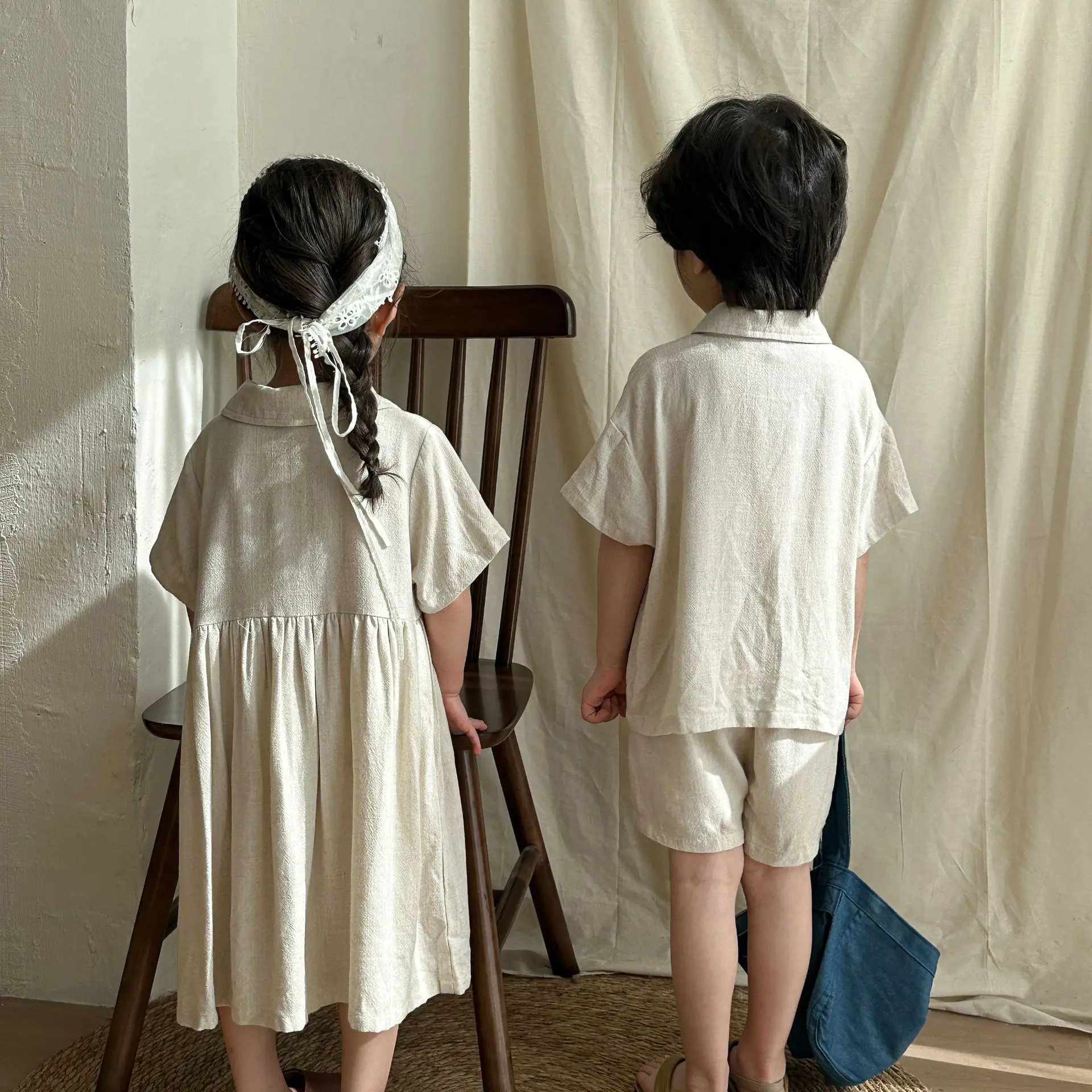 Conjunto de verano para hermano y hermana de lino liso corto - imagen 2