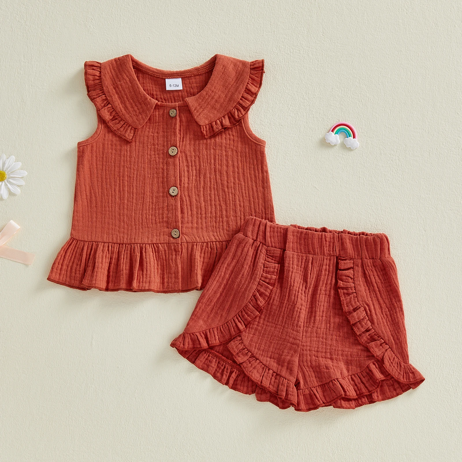 Conjunto de lino de verano plisado para niña con cuello de muñequilla - imagen 3