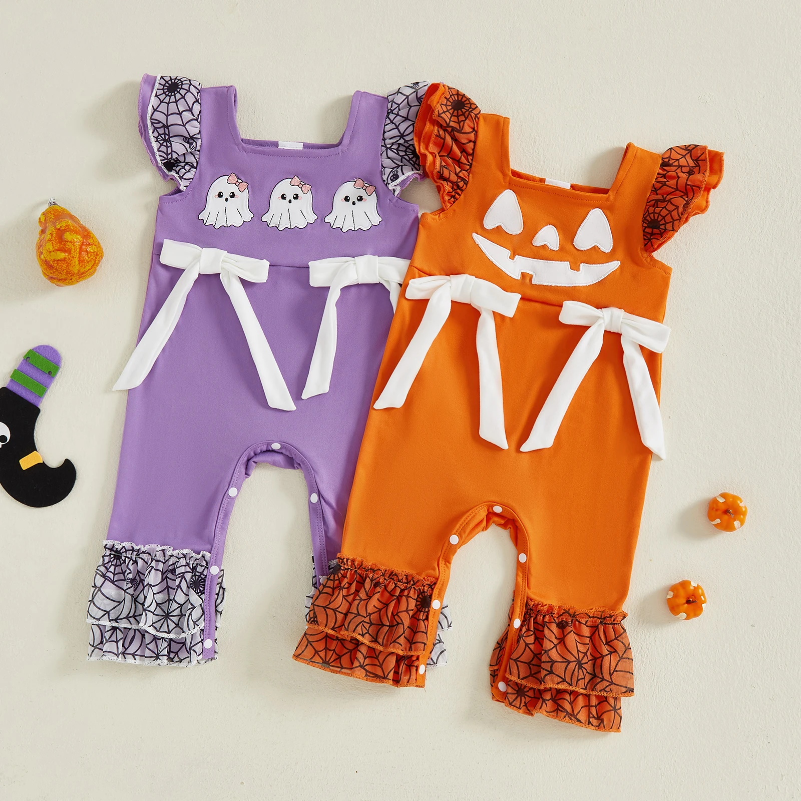 Pelele bebé Halloween Tregren con cuello cuadrado y fantasma bordado